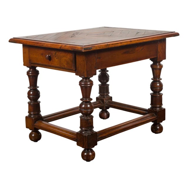 English 1850s Walnut Parquet Top Table with Single Drawer and Turned Legs For Sale