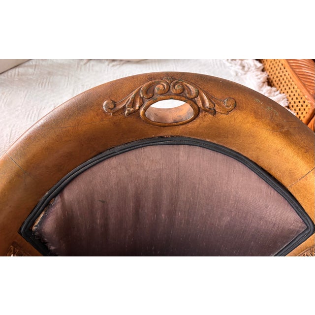 Metal Vintage Mid Twentieth Century French Empire Hollywood Regency Gold Bronze Gilt Barrel Back Cane Arm Chairs, a Pair For Sale - Image 7 of 12