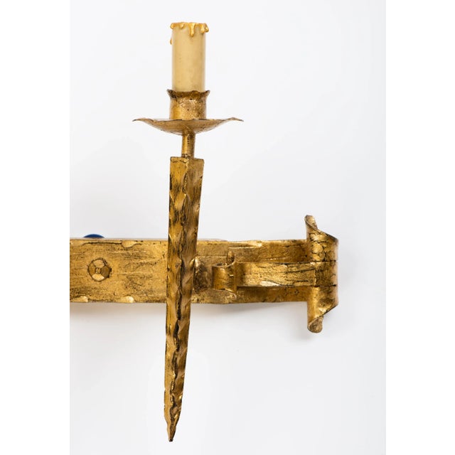 Gothic 1950s Spanish Gilt Metal Gothic 3-Light Wall Sconce For Sale - Image 3 of 8