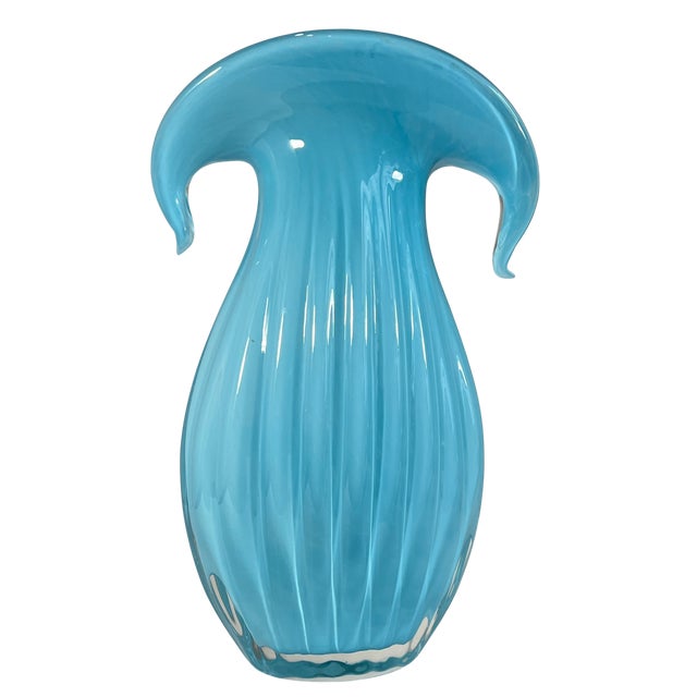 Art Glass Aqua Blue Vase Crescent Clam Lip Fluted Vase For Sale - Image 10 of 17