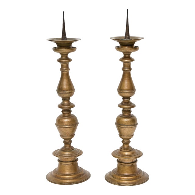 Pair of Tall 18th Century Italian Bronze Pricket Candlesticks For Sale