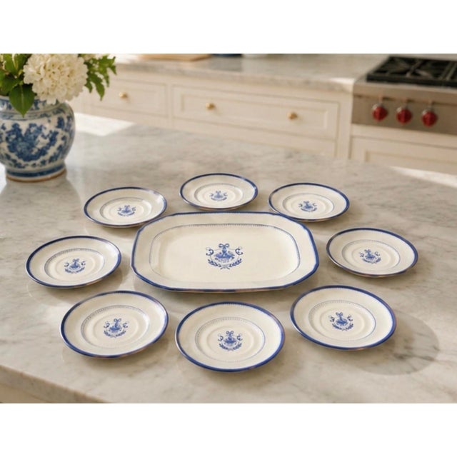 Vintage Neoclassical Cobalt Blue & White Porcelain Serving Set - Platter & 8 Dessert Plates - 9 Pieces For Sale In West Palm - Image 6 of 12