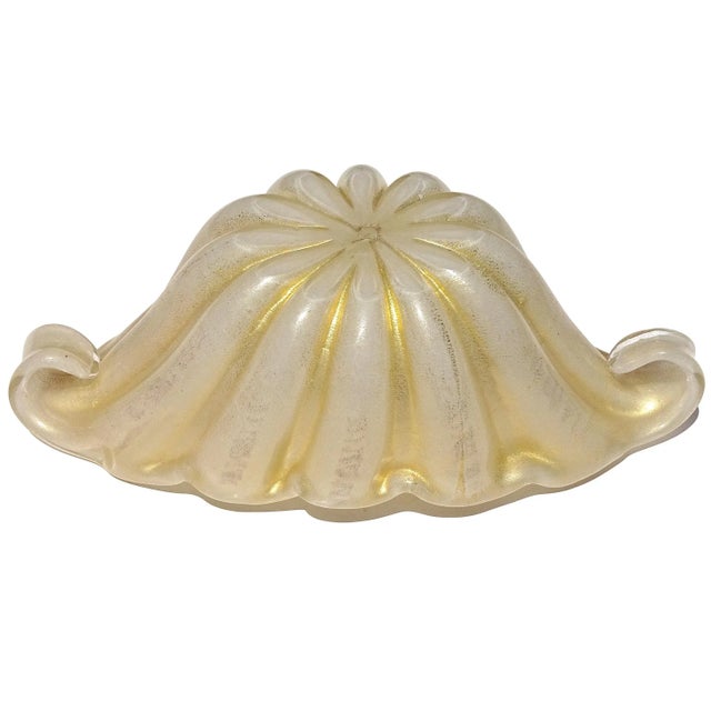 Glass Vintage Barovier Toso Murano White Gold Flecks Italian Art Glass Flared Scallop Rim Curled Sides Bowl For Sale - Image 7 of 7