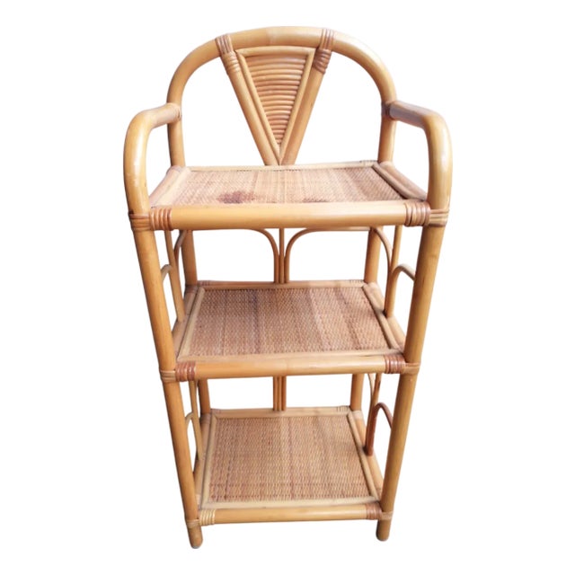 Vintage Three-Tier Bamboo and Wicker Nightstand, 1970s For Sale