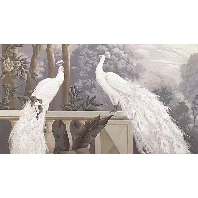 French 36" * H96" * 2ps, Hand-Painted French Retro Tropical Garden White Peacock Wall Mural, Low-Saturation Misty Scenic Wall Covering For Sale - Image 3 of 5