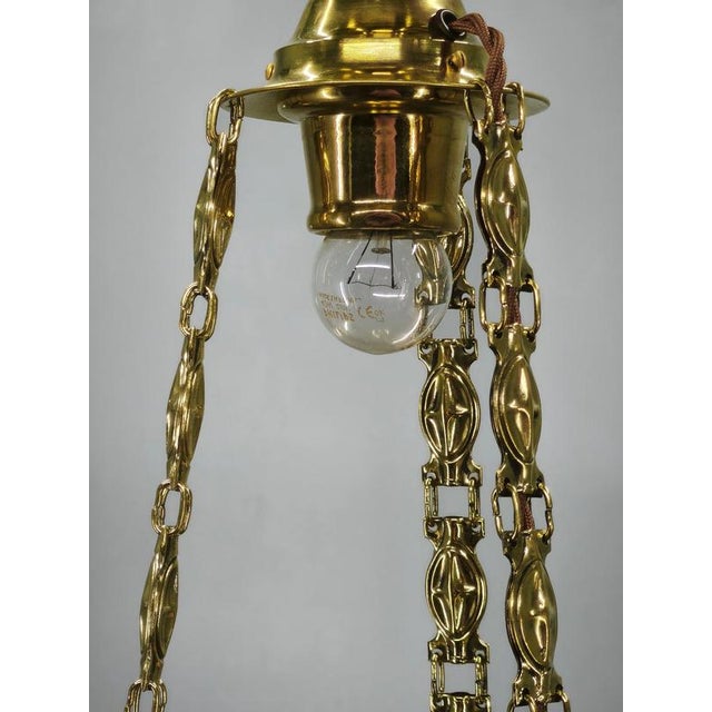 Gold Art Nouveau Secession Pendant Light in Brass and Opaline Glass, Czechoslovakia, 1900s For Sale - Image 8 of 15