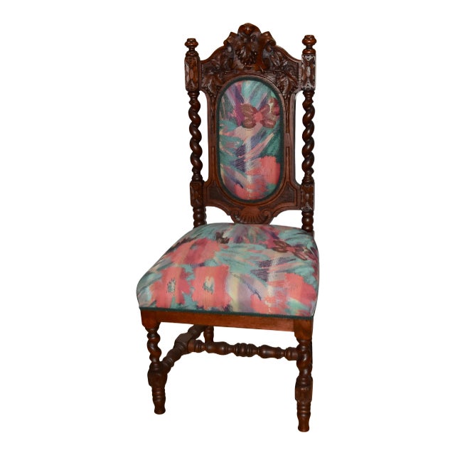 Renaissance Barley Twist English Carved Wood Side Chair For Sale