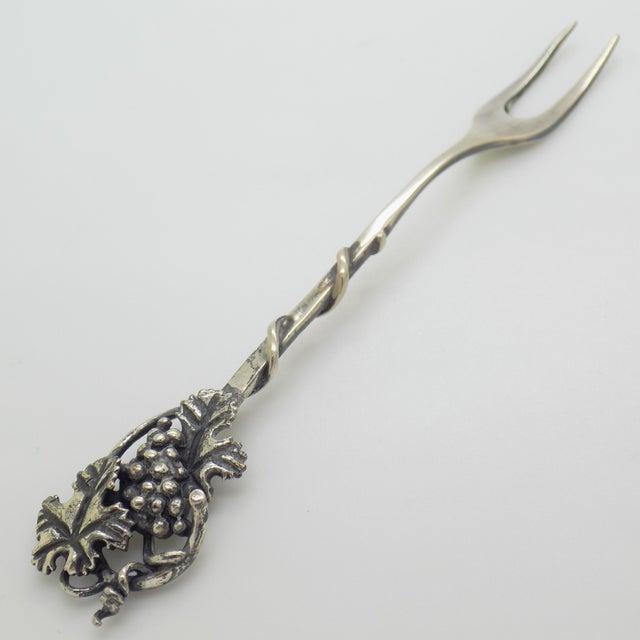 Metal Vintage Italian Handmade Genuine Silver Grape Cocktail Mini Fork by Giovanni Raspini of Arezzo, Solid 800 Silver Appetizer Pick in Original Box For Sale - Image 7 of 15