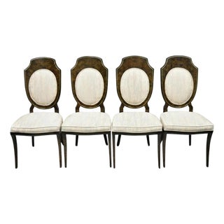 Late 20th Century Mastercraft Modern Amboyna Wood Brass Trim Oval Back Dining Chairs - Set of 4 For Sale
