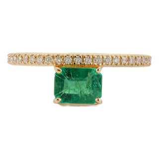 14k Yellow Gold Octagon Cut Floating 1 Carat Emerald Diamond Ring Size 4 For Sale