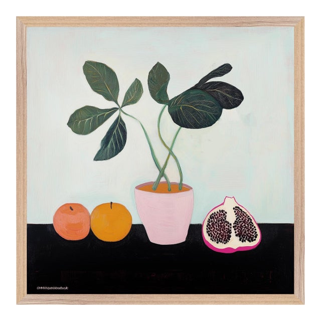 Framed Modern Still Life With Pomegranate and Potted Plant by P. L. Bradbury For Sale
