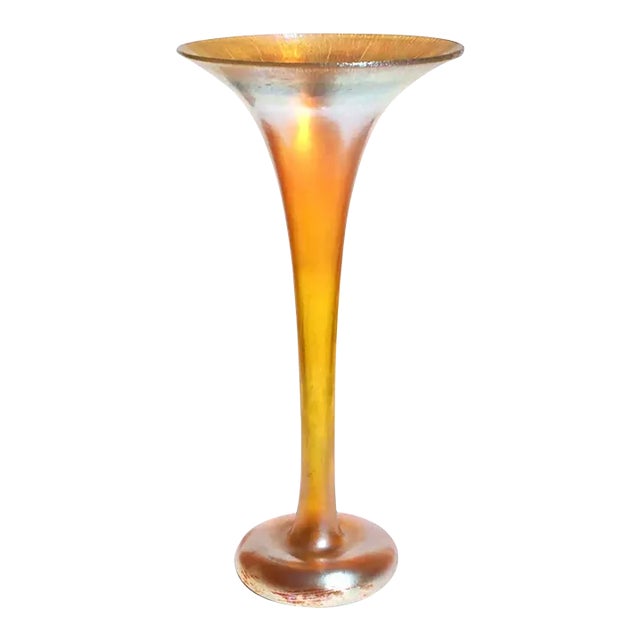 Large Tiffany Studios Gold Favrile Trumpet Vase For Sale