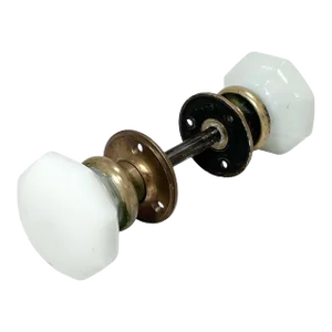 Early 1900s Antique Milk Glass Door Knobs With Brass Rosettes. A Pair