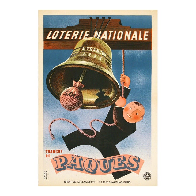 1939 French Art Deco Poster, Loterie Nationale Advertisement "Tranche De Paques" - Derouet-Lesacq For Sale