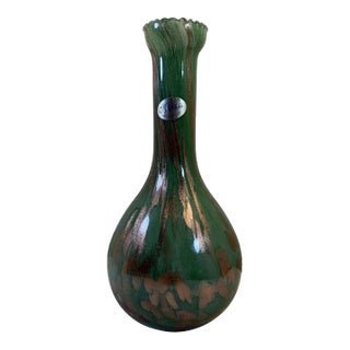 Vintage Murano Art Glass Green Copper Aventurine Swirl Italy Vase For Sale