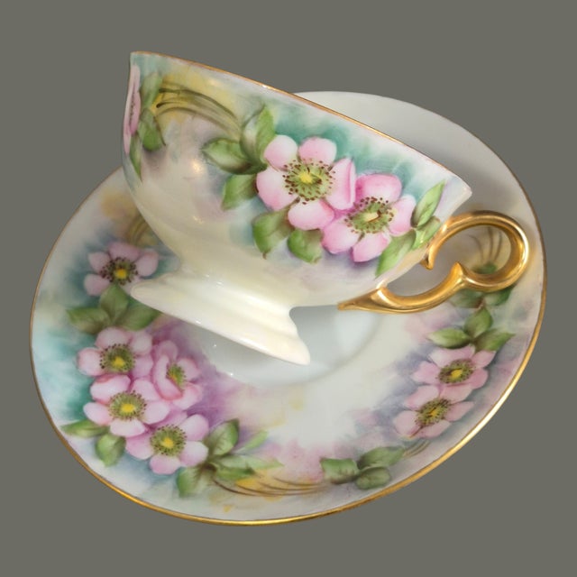 Mid 20th Century Vintage r.c. Versailles Bavaria Hand Painted Gilded Pink Blossoms Porcelain 4piece Tea Set For Sale - Image 5 of 10