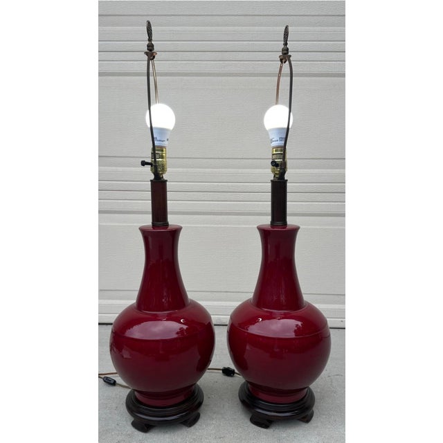 Pair of Vintage Chinese Oxblood Red Glazed Ceramic Table Lamps – 33.5" For Sale - Image 13 of 18