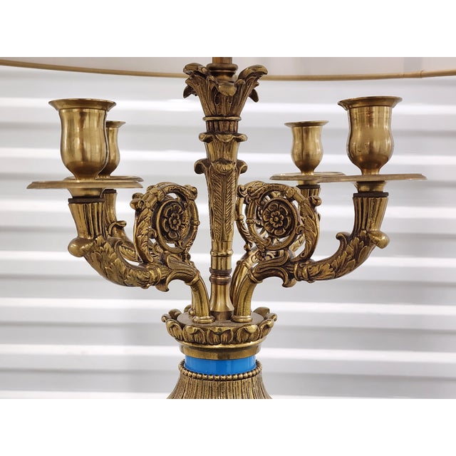 Antique French Blue Opaline Glass & Bronze Candelabra Table Lamp For Sale In New York - Image 6 of 16