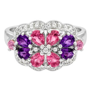 Late 20th Century 14K White Gold Diamond Tourmaline Amethyst Floral Ring Band, Size 6.75 For Sale