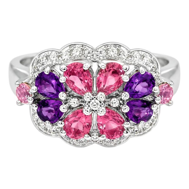 Late 20th Century 14K White Gold Diamond Tourmaline Amethyst Floral Ring Band, Size 6.75 For Sale