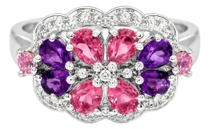 Late 20th Century 14K White Gold Diamond Tourmaline Amethyst Floral Ring Band, Size 6.75