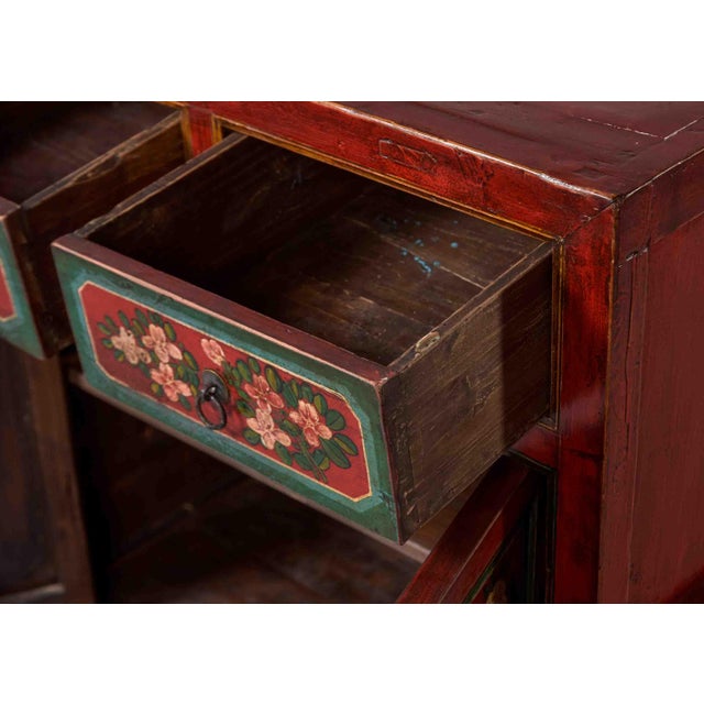 Brick Red Pair of 19th Century Chinese Gansu Red-Painted Cabinets With Polychrome Floral Decoration For Sale - Image 8 of 13