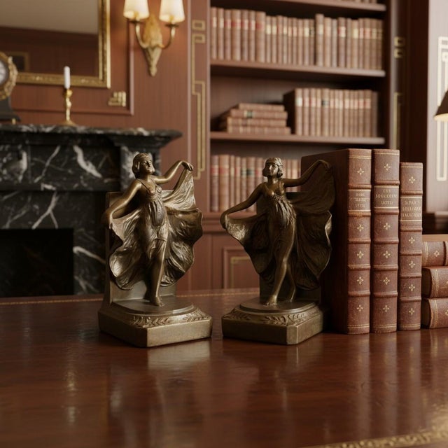 Antique Art Deco Flapper Girl Spelter Bookends-Loie Fuller-Bronze Finish-Pair For Sale - Image 4 of 11