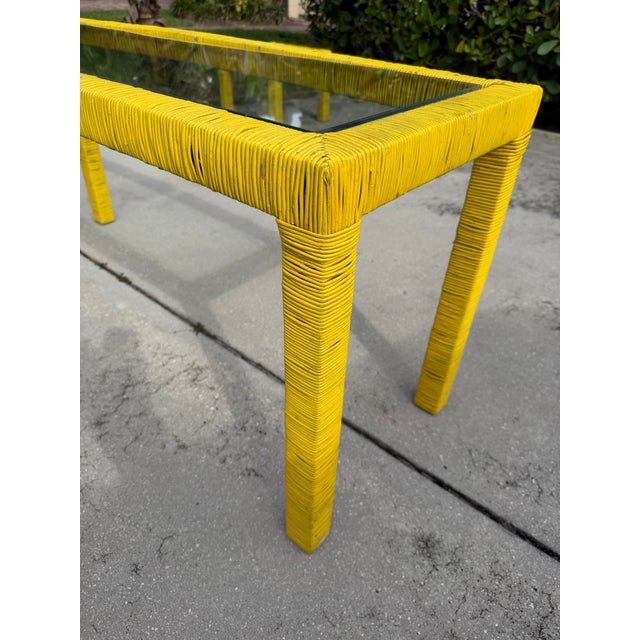 Vintage Organic Modern Wrapped Rattan Console Table With Two Matching Stools For Sale - Image 9 of 11