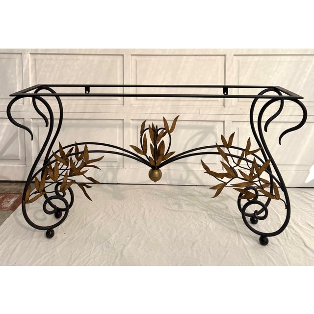 1960s Italian Style Wrought Iron & Gilt Leaf Glass Console Table For Sale In Los Angeles - Image 6 of 15