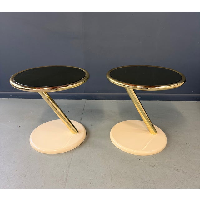Vintage Pair of Casprini Italian Postmodern Side Tables in Brass, Grey Glass and Lacquer For Sale - Image 12 of 12
