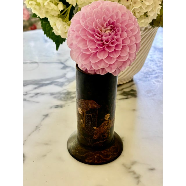 A beautifully decorated petite scale Chinoiserie spill vase hand decorated with an animated courtyard scene depicting...