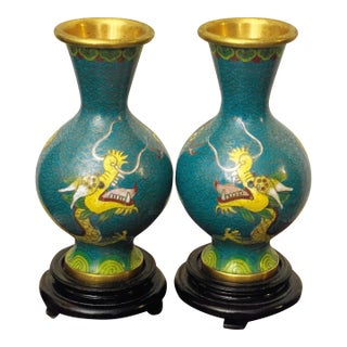 Mid-Century Pair of Cloisonné Vases With Mirrored Design of Powerful Chinese Dragon Symbol For Sale
