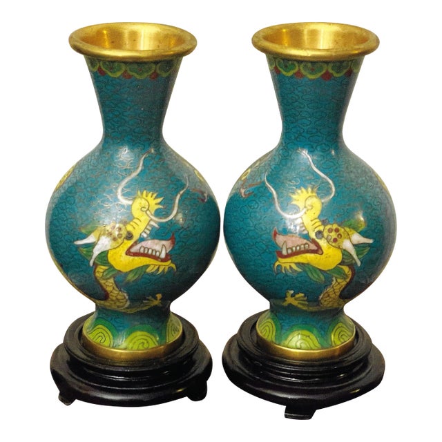 Mid-Century Pair of Cloisonné Vases With Mirrored Design of Powerful Chinese Dragon Symbol For Sale