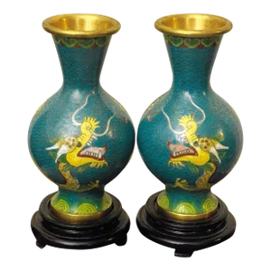 Mid-Century Pair of Cloisonné Vases With Mirrored Design of Powerful Chinese Dragon Symbol
