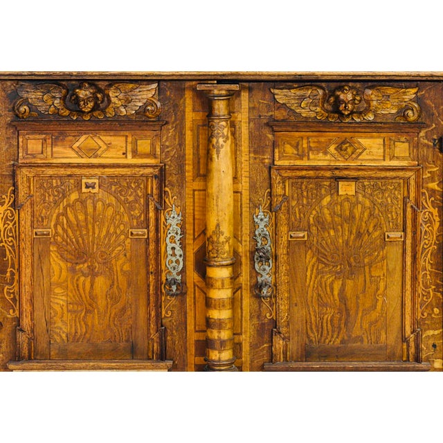 Gothic Monumental German Renaissance Revival Carved & Inlaid Cabinet – Figural Panels, Columns & Iron Hardware, Circa 1880 For Sale - Image 3 of 5