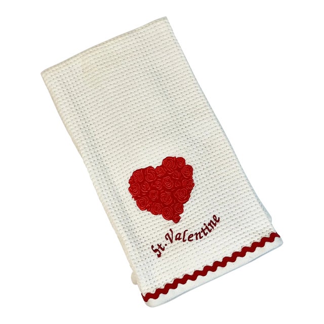 Vintage Hollywood Regency St. Valentine Waffle Kitchen Towel With Roses Heart For Sale