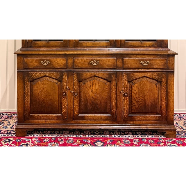 Antique English Large Bookcase Cupboard Cabinet Triple Door Glass Oak C. 1930s For Sale - Image 10 of 18
