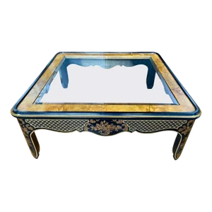 Hollywood Regency Chinoiserie Black & Gold Square Coffee Table, Drexel Et Cetera
