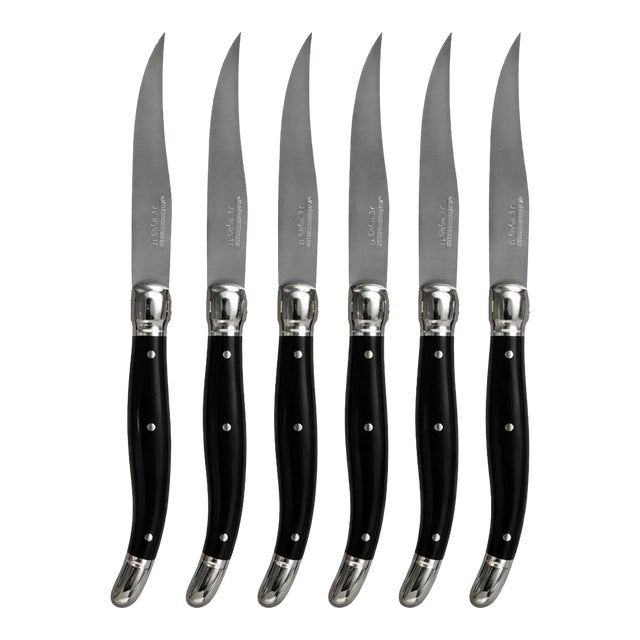 Late 20th Century French Laguiole Steak with Black Handles and Cutting Board Knife Set - 7 pcs For Sale