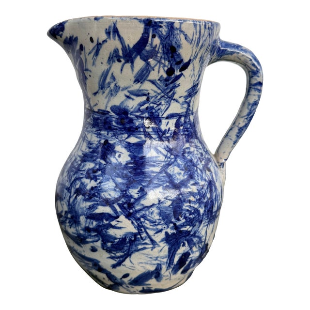 Vintage Jerry Brown Hamilton 1993 Pitcher Pottery Ceramic Blue Splatter Glaze For Sale