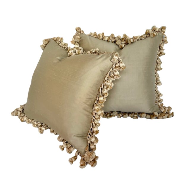 A beautiful pair of blend-down filled toss pillows with a rich tassel fringe. The face fabric is Jim Thompson “Feathers”...