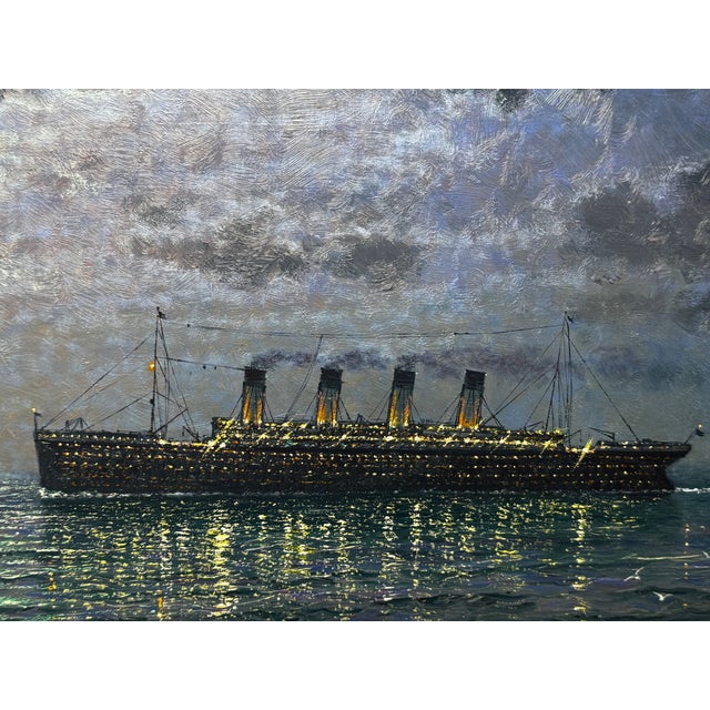 Late 20th Century Ships That Pass in the Night — RMS Titanic Under Moonlight With RMS Olympic on the Horizon | Large Framed Oil on Canvas by Andrew Grant Kurtis For Sale - Image 5 of 18