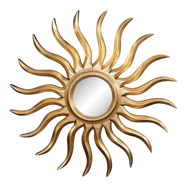 Art Noveau Style Hand-Carved Giltwood Sunburst Mirror, Spain, 77cm For Sale