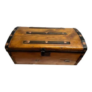Early 20th Century Antique Metal Band Riveted Pine Wood Trunk