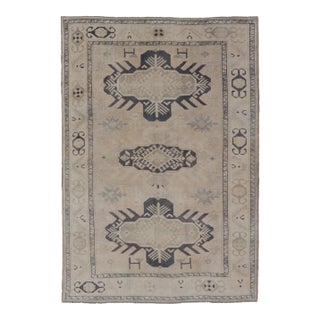 Vintage Oushak Rug From Turkey With Navy Blue and Floral Medallion's 4'7 X 7'0 For Sale