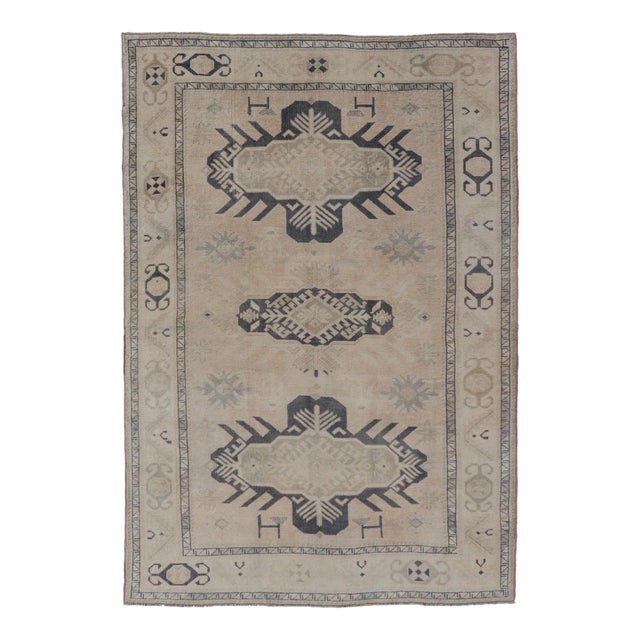 Vintage Oushak Rug From Turkey With Navy Blue and Floral Medallion's 4'7 X 7'0 For Sale