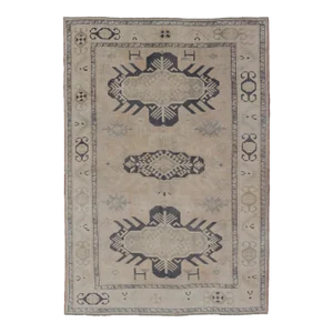 Vintage Oushak Rug From Turkey With Navy Blue and Floral Medallion's 4'7 X 7'0
