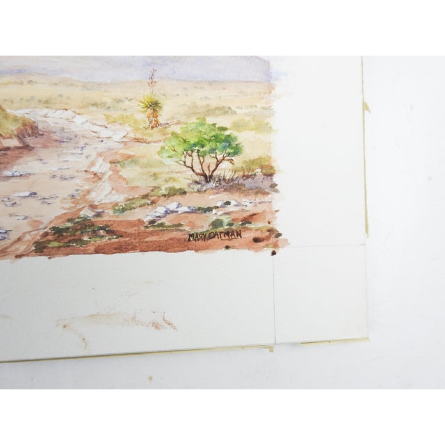 Vintage late 20th century watercolor on paper painting of desert yucca and dry creek landscape by Mary Oatman (20th...