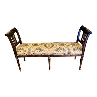 Vintage Regency Style Mahogany Upholstered Bench With Arms For Sale