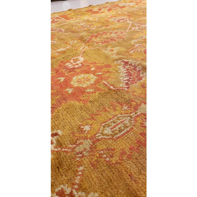 Traditional Antique Oushak Carpet, Oriental Rug, Handmade Green, Saffron, Ivory and Coral For Sale - Image 3 of 11